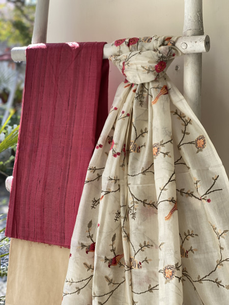 ROSE-OFF WHITE TUSSAR SILK EMBROIDERED DUPATTA SET