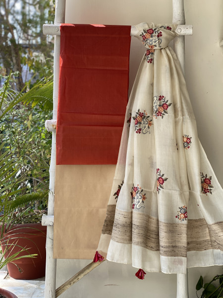 RUST-OFF WHITE TUSSAR SILK EMBROIDERED DUPATTA SET