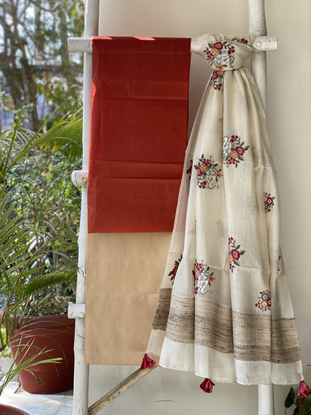 RUST-OFF WHITE TUSSAR SILK EMBROIDERED DUPATTA SET