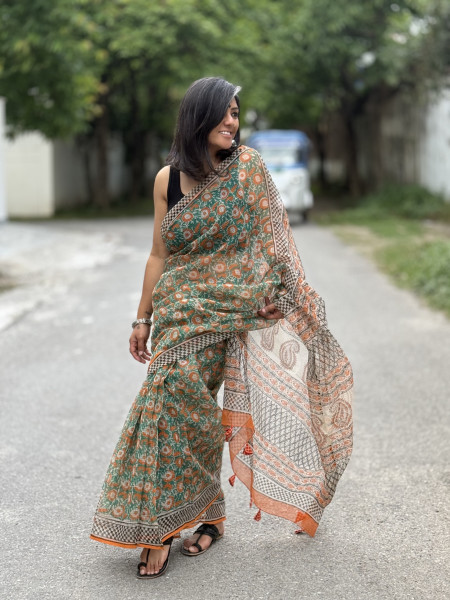 ORANGE-GREEN HAND BLOCK PRINT COTTON KOTA SARI