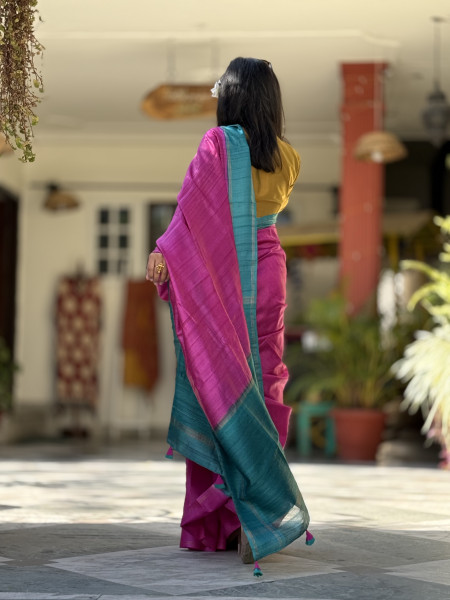 MAGENTA-TURQUOISE HAND WOVEN TUSSAR SILK SARI