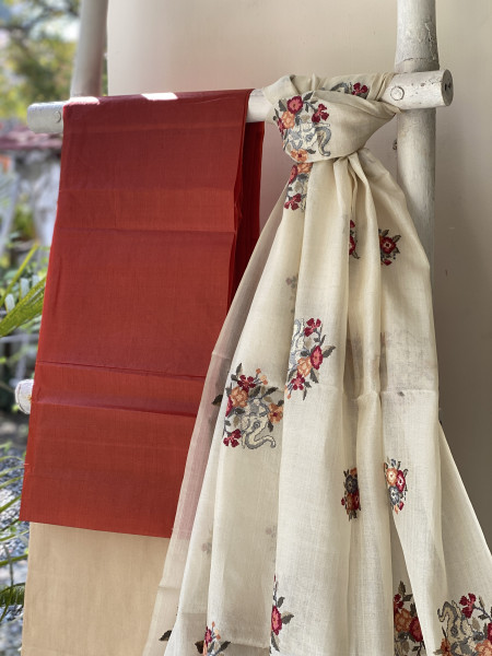 RUST-OFF WHITE TUSSAR SILK EMBROIDERED DUPATTA SET