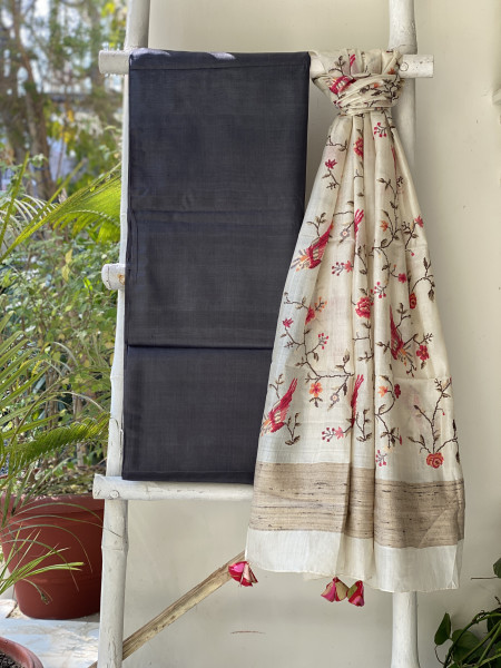 CHARCOAL-OFF WHITE TUSSAR SILK EMBROIDERED DUPATTA SET