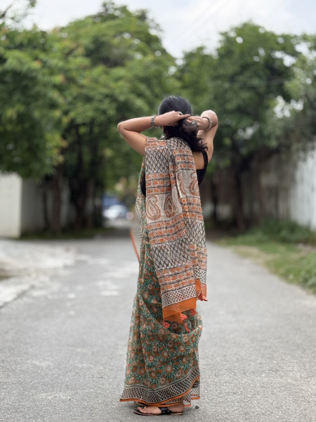 ORANGE-GREEN HAND BLOCK PRINT COTTON KOTA SARI