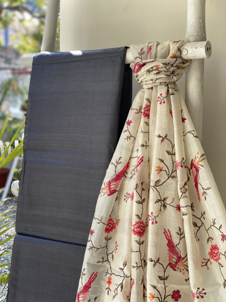 CHARCOAL-OFF WHITE TUSSAR SILK EMBROIDERED DUPATTA SET