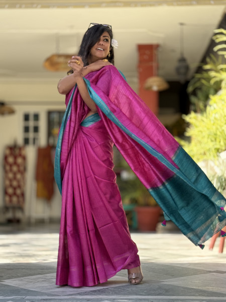 MAGENTA-TURQUOISE HAND WOVEN TUSSAR SILK SARI