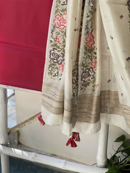 ROSE-OFF WHITE TUSSAR SILK EMBROIDERED DUPATTA SET