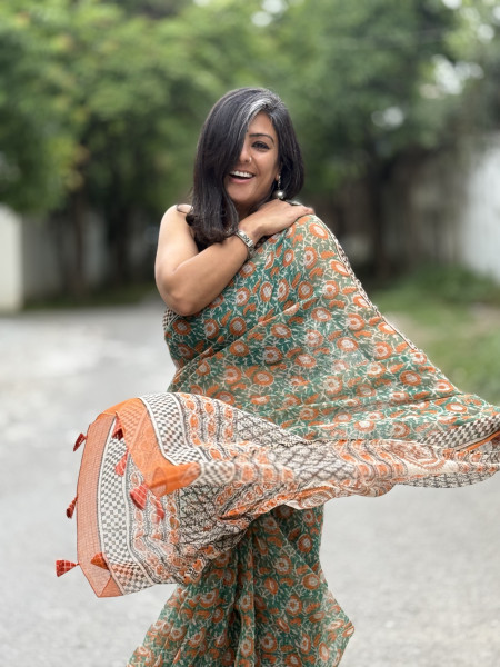 ORANGE-GREEN HAND BLOCK PRINT COTTON KOTA SARI