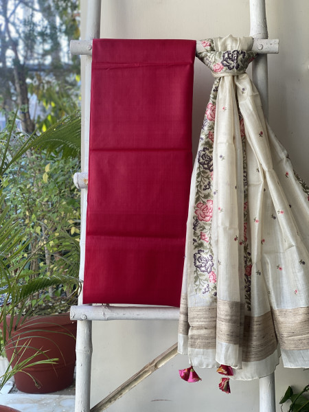 ROSE-OFF WHITE TUSSAR SILK EMBROIDERED DUPATTA SET