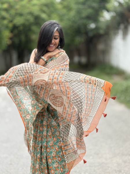 ORANGE-GREEN HAND BLOCK PRINT COTTON KOTA SARI