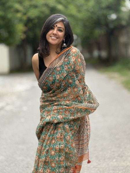 ORANGE-GREEN HAND BLOCK PRINT COTTON KOTA SARI