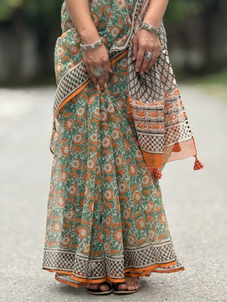 ORANGE-GREEN HAND BLOCK PRINT COTTON KOTA SARI