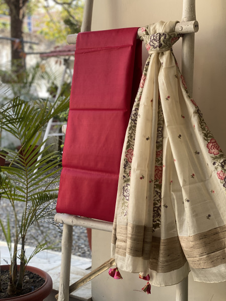 ROSE-OFF WHITE TUSSAR SILK EMBROIDERED DUPATTA SET