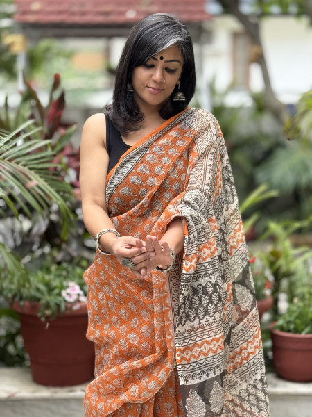 ORANGE HAND BLOCK PRINT COTTON KOTA SARI