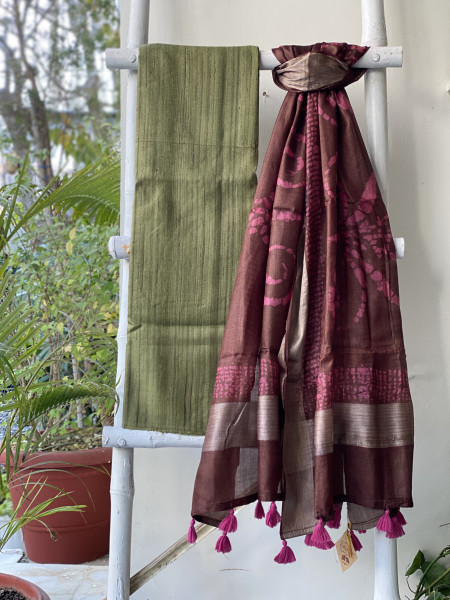 MEHNDI GREEN-BROWN TUSSAR SILK BATIK DUPATTA SET