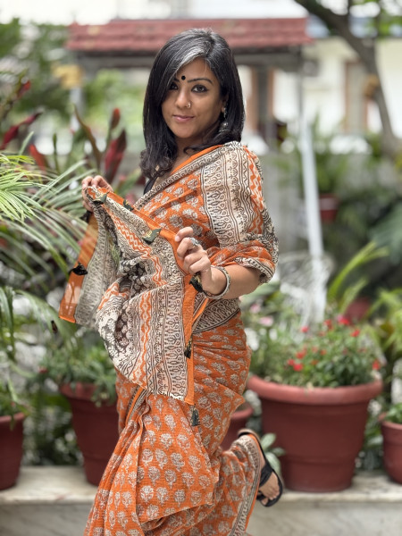 ORANGE HAND BLOCK PRINT COTTON KOTA SARI