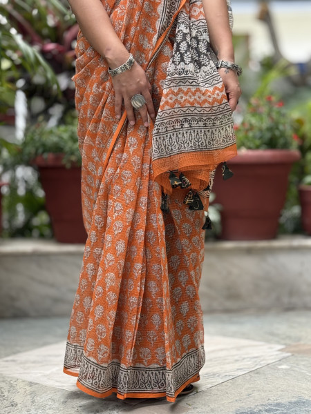 ORANGE HAND BLOCK PRINT COTTON KOTA SARI