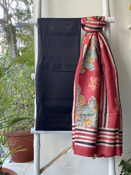 BLACK-RED TUSSAR SILK BATIK DUPATTA SET