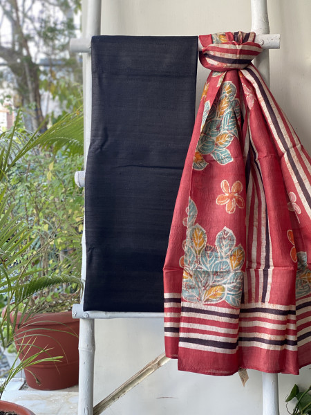 BLACK-RED TUSSAR SILK BATIK DUPATTA SET