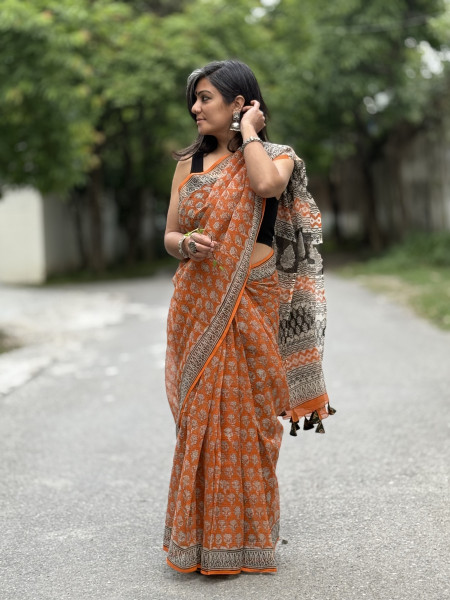 ORANGE HAND BLOCK PRINT COTTON KOTA SARI