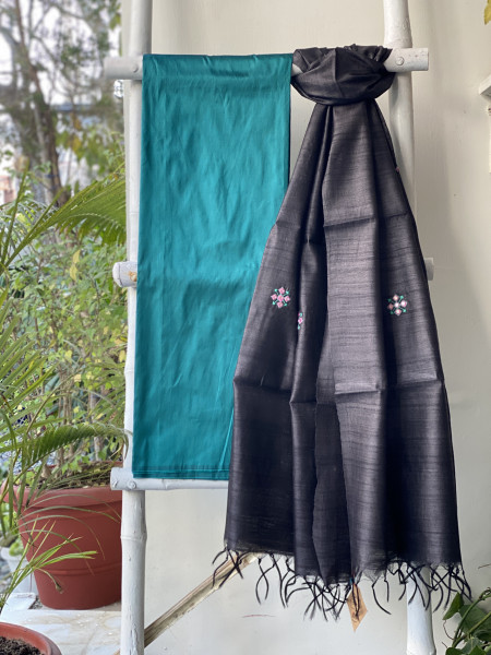 PEACOCK BLUE-BLACK TUSSAR SILK EMBROIDERED DUPATTA SET