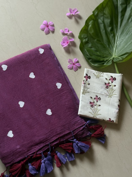 MAUVE COTTON MULMUL EMBROIDERED SARI