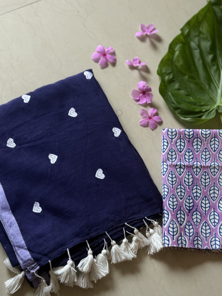 Image of NAVY BLUE COTTON MULMUL EMBROIDERED SARI