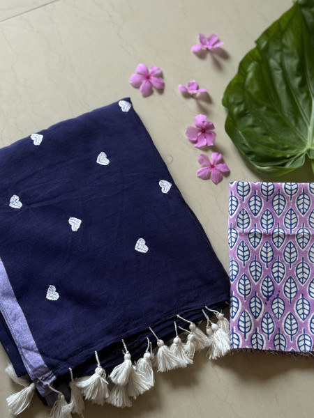 NAVY BLUE COTTON MULMUL EMBROIDERED SARI