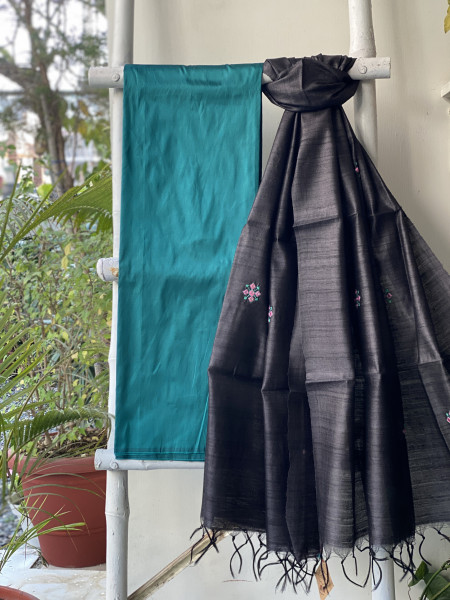 PEACOCK BLUE-BLACK TUSSAR SILK EMBROIDERED DUPATTA SET
