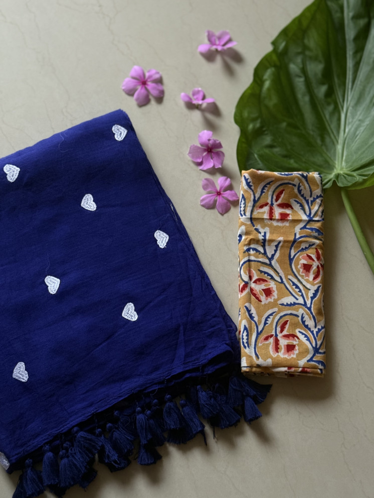Image of ROYAL BLUE COTTON MULMUL EMBROIDERED SARI