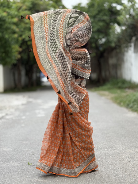 ORANGE HAND BLOCK PRINT COTTON KOTA SARI