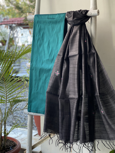PEACOCK BLUE-BLACK TUSSAR SILK EMBROIDERED DUPATTA SET