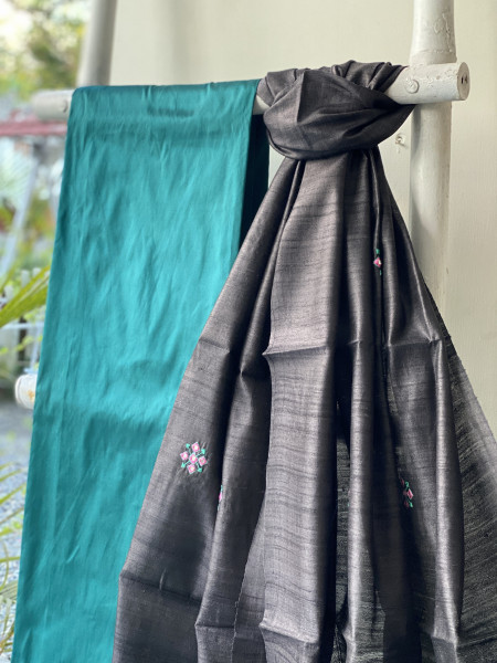PEACOCK BLUE-BLACK TUSSAR SILK EMBROIDERED DUPATTA SET