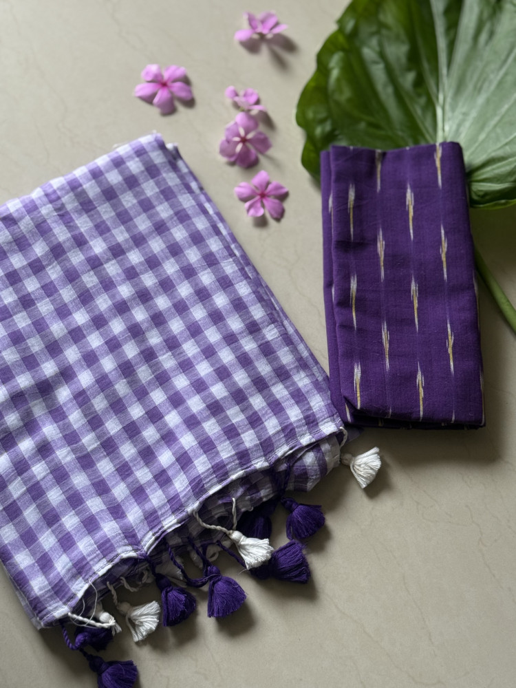 Image of PURPLE GINGHAM CHECKS  MULMUL COTTON SARI