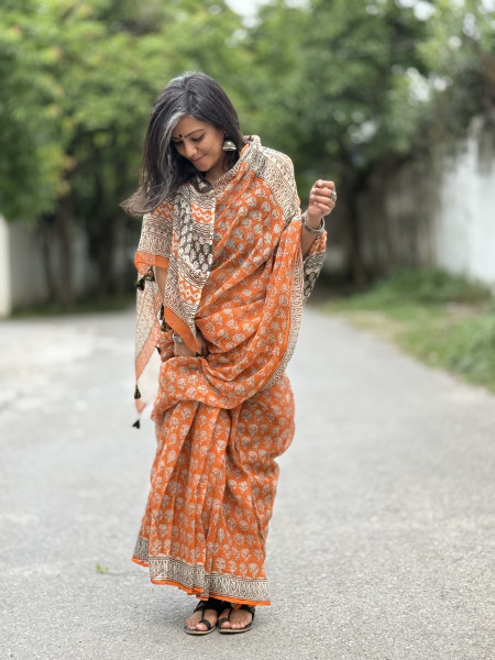 ORANGE HAND BLOCK PRINT COTTON KOTA SARI