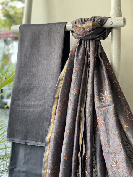 GREY CHANDERI SILK HAND EMBROIDERED DUPATTA SET