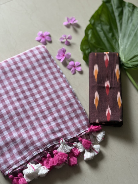 SALMON GINGHAM CHECKS  MULMUL COTTON SARI