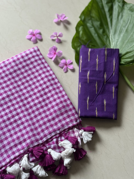 WINE GINGHAM CHECKS  MULMUL COTTON SARI
