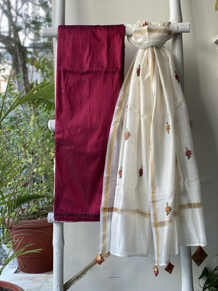 ROSE-OFF WHITE CHANDERI SILK HAND EMBROIDERED DUPATTA SET