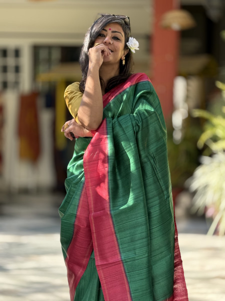 GREEN-RED HAND WOVEN TUSSAR SILK SARI