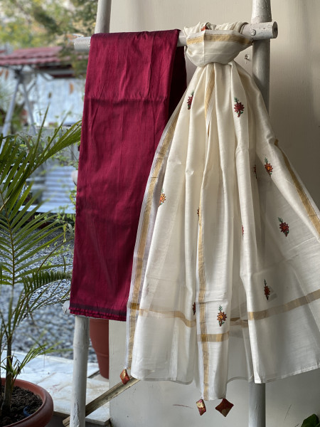 ROSE-OFF WHITE CHANDERI SILK HAND EMBROIDERED DUPATTA SET