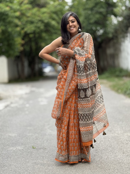 ORANGE HAND BLOCK PRINT COTTON KOTA SARI