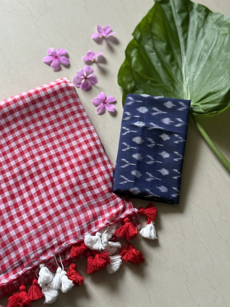 Image of RED GINGHAM CHECKS  MULMUL COTTON SARI