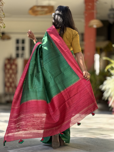 GREEN-RED HAND WOVEN TUSSAR SILK SARI