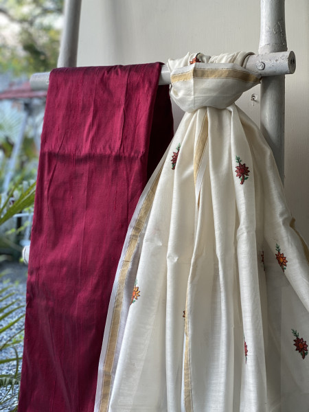 ROSE-OFF WHITE CHANDERI SILK HAND EMBROIDERED DUPATTA SET