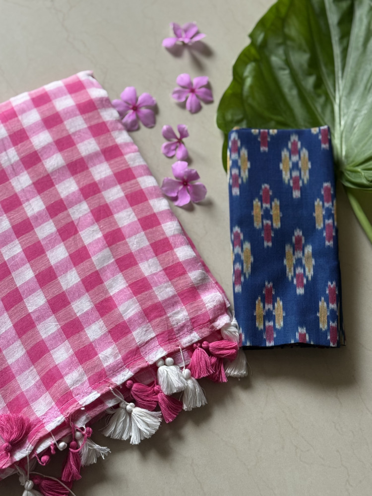 Image of PINK GINGHAM CHECKS  MULMUL COTTON SARI