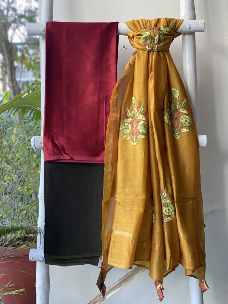 MAROON-MUSTARD CHANDERI SILK HAND EMBROIDERED DUPATTA SET