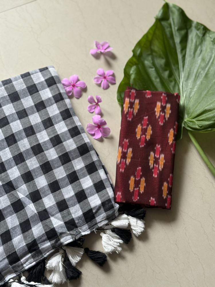 Image of BLACK GINGHAM CHECKS  MULMUL COTTON SARI
