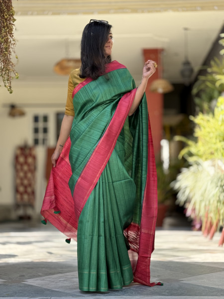 GREEN-RED HAND WOVEN TUSSAR SILK SARI