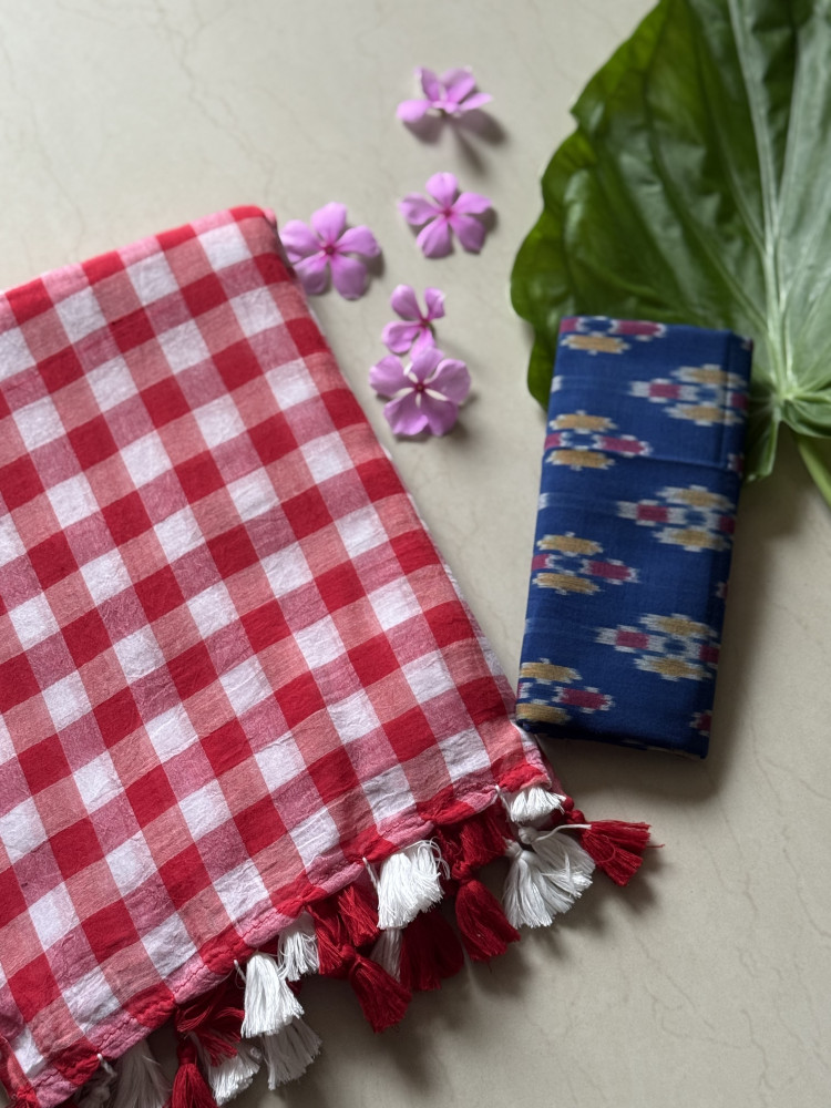 Image of RED GINGHAM CHECKS  MULMUL COTTON SARI